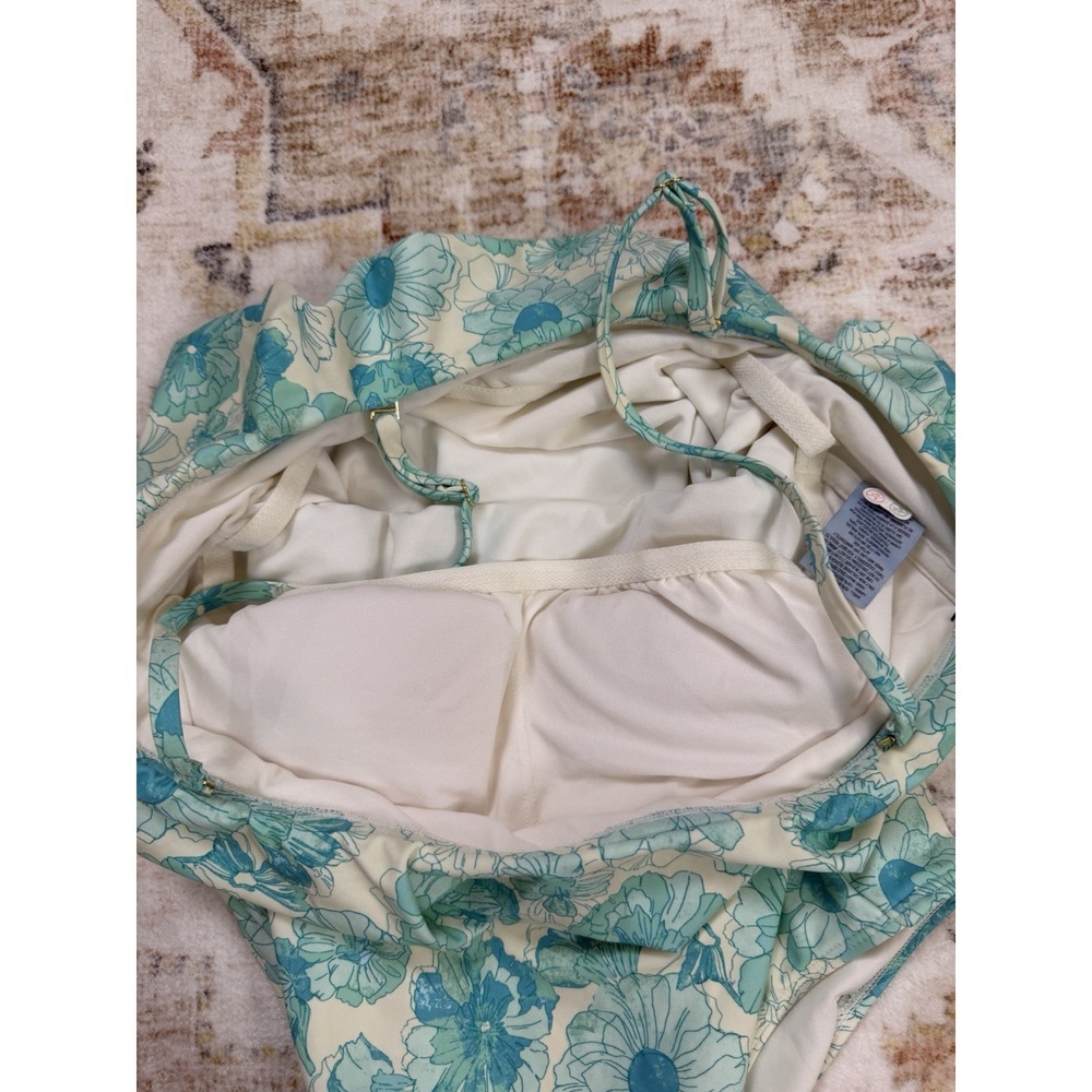 NEW Shade & Shore Womens Large Blue Floral Ruffle Bandeau One Piece Swimsuit - Picture 7 of 9